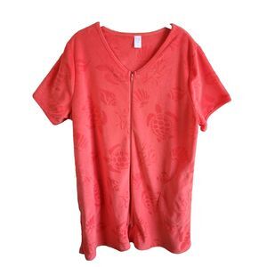 Womens ADONNA Terry cloth Zip Cover Up Robe L Coral Turtle Shells Print Pockets
